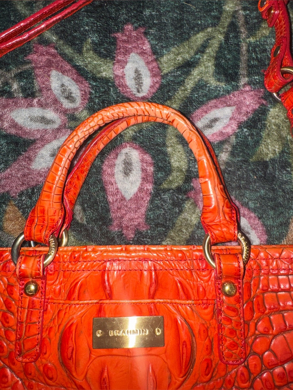 Brahmin Bright Orange Croc-Embossed Leather Satchel - Picture 8 of 15